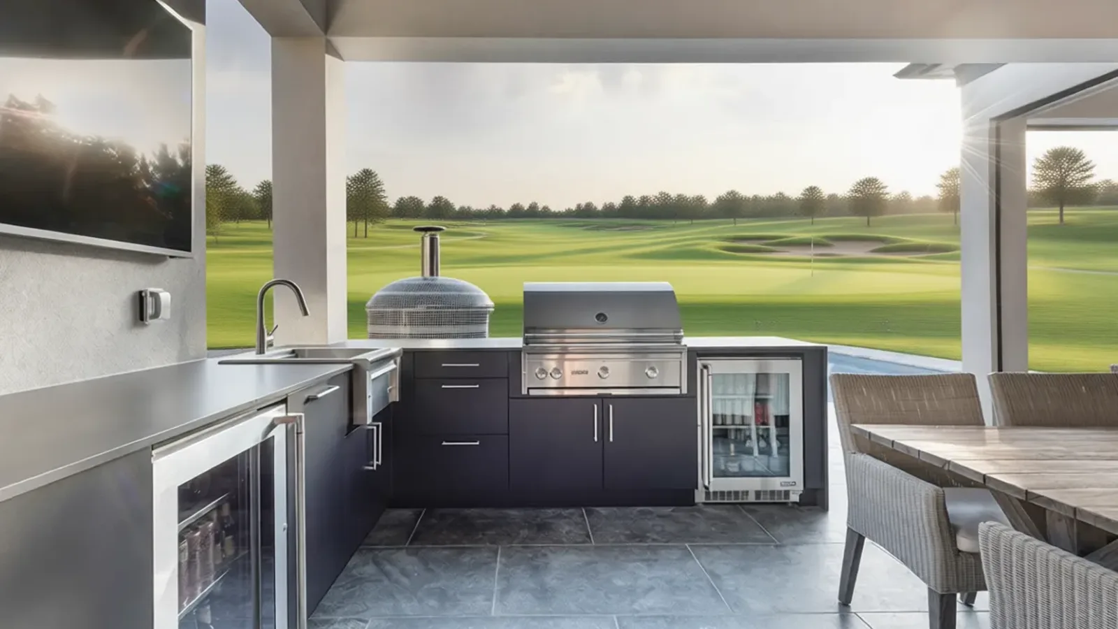 Outdoor kitchen with a built-in grill and stone countertop in Phoenix, AZ